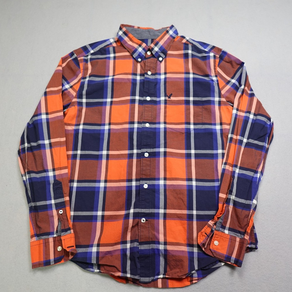 American Eagle Button Down Shirt Men Large Orange Blue Plaid Classic Fit Casual